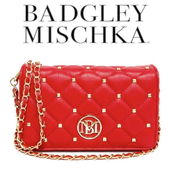 BADGLEY MISCHKA Diamond Quilted Red Crossbody Bag with Studs and Circle Logo NWT - Picture 1 of 10